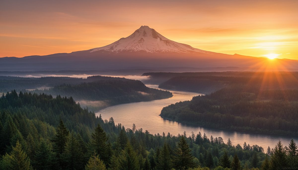 Mount Hood at sunrise rising sharply against a warm sky with the Willamette River winding through Pacific Northwest evergreen forest.